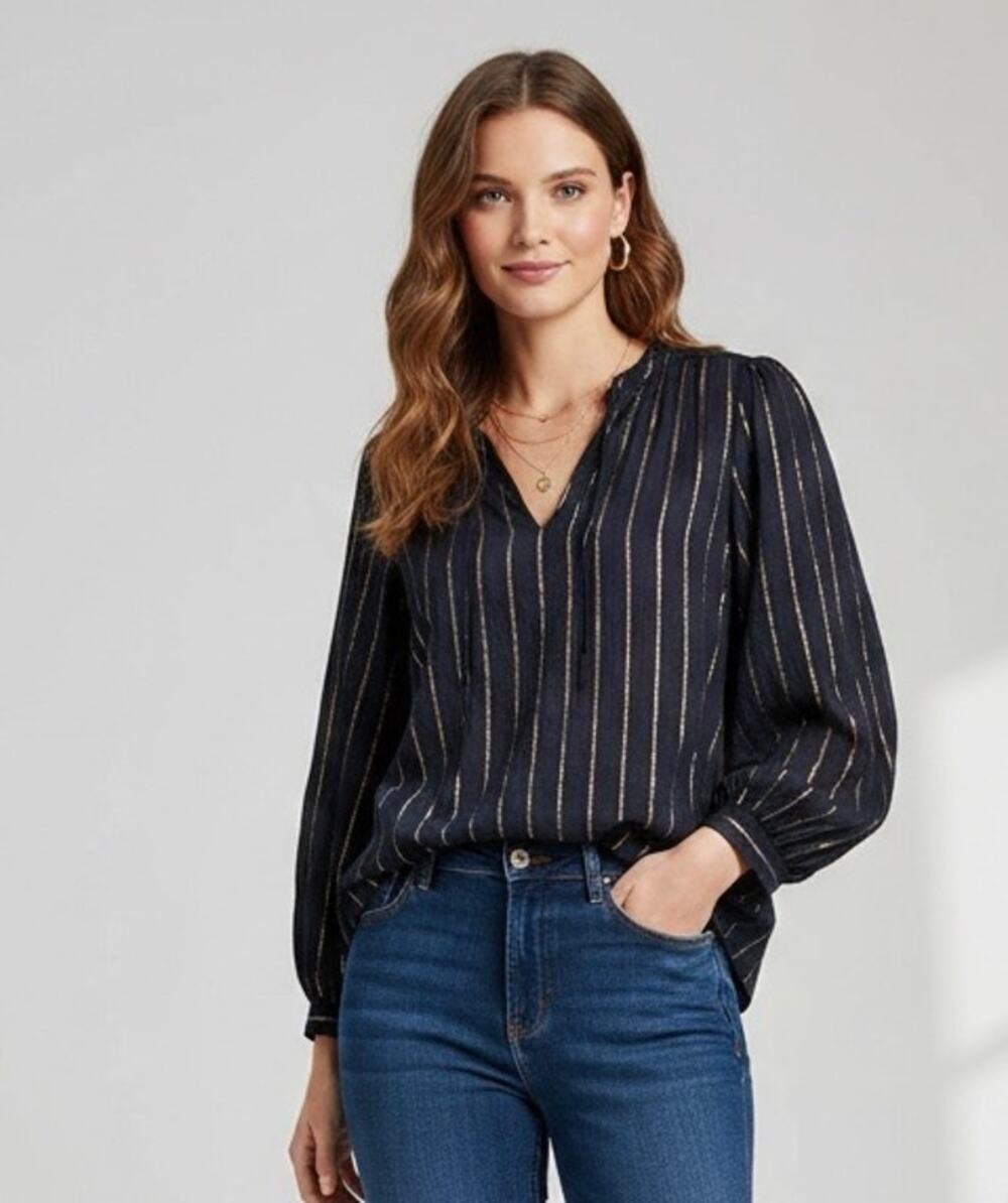 Zara Metallic Gold Striped Blouse Top Navy Blue Boho Tie Neck‎ Balloon Sleeve XS